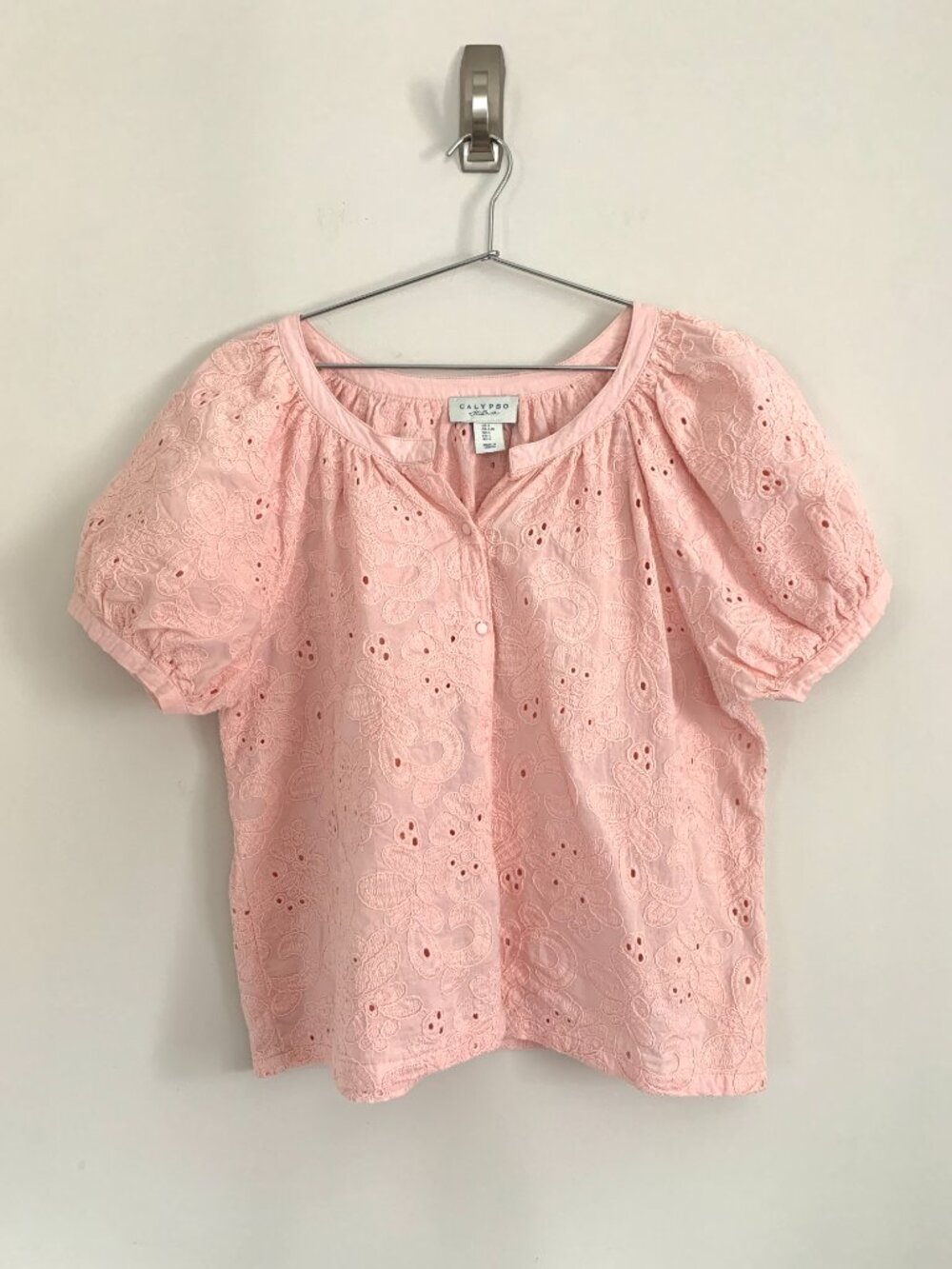 Calypso St Barth Pink 100% Cotton Boho Eyelet Embroidered Puff Sleeve Blouse Top - Picture 3 of 9